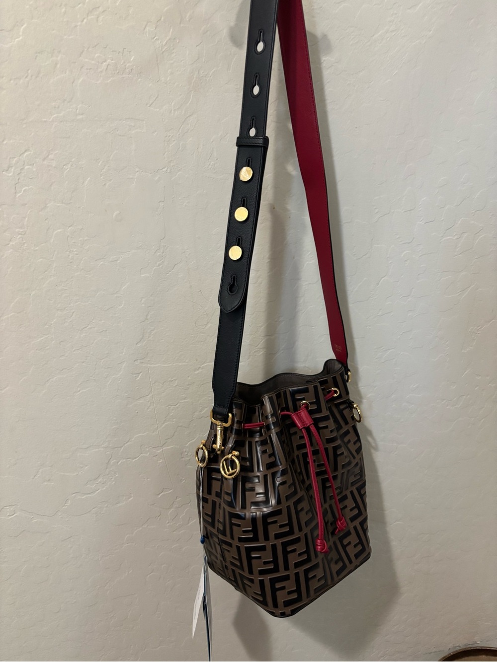 Fendi Brown Embossed FF Bucket Bag with Red Drawstring and Black Strap - Picture 4 of 8